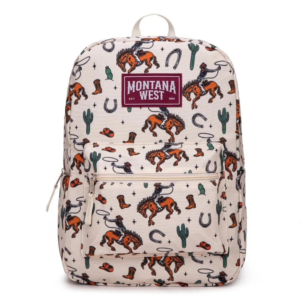 Montana West Horseshoe Cowboy & Cactus Print Backpack -2Pcs Set - Tan